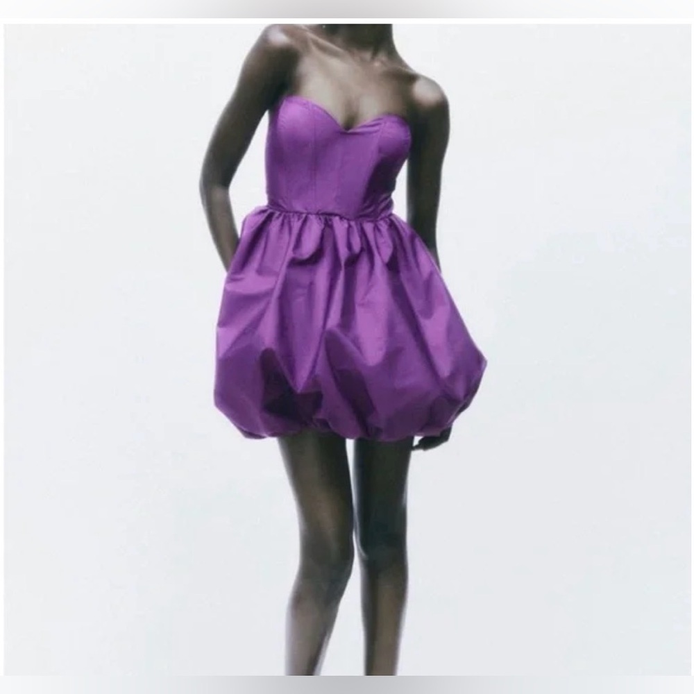 ZARA WOMAN OFF-THE-SHOULDER CORSET VOLUMINOUS MINI DRESS PURPLE NWT SIZE M